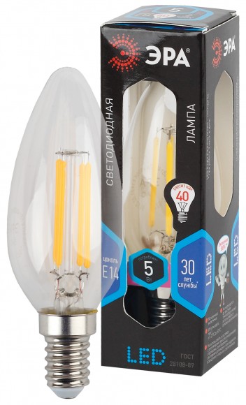 Б0019003 Лампочка светодиодная ЭРА F-LED B35-5W-840-E14 Е14 / Е14 5Вт филамент свеча нейтральный белый свeт