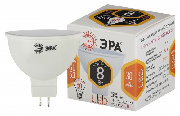 Б0020546 Лампочка светодиодная ЭРА STD LED MR16-8W-827-GU5.3 GU 5.3 8 Вт софит теплый белый свет