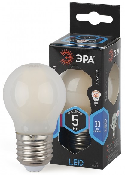 Б0027932 Лампочка светодиодная ЭРА F-LED P45-5W-840-E27 frost Е27 / Е27 5Вт филамент шар матовый нейтральный белый свет