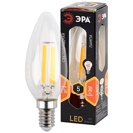 Б0043435 Лампочка светодиодная ЭРА F-LED B35-5W-827-E14 Е14 / Е14 5Вт филамент свеча теплый белый свет