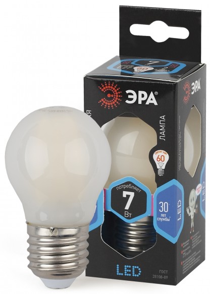 Б0027959 Лампочка светодиодная ЭРА F-LED P45-7W-840-E27 frost E27 / Е27 7Вт филамент шар матовый нейтральный белый свет