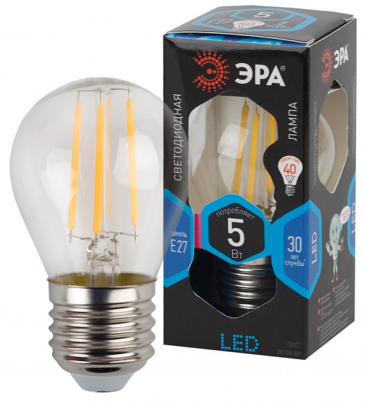 Б0039191 Лампочка светодиодная ЭРА F-LED P45-5W-840-E27 Е27 / Е27 5Вт филамент шар нейтральный белый свет