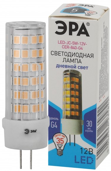 Б0049088 Лампочка светодиодная ЭРА STD LED JC-5W-12V-CER-840-G4 G4 5 Вт керамика капсула нейтральный белый свет
