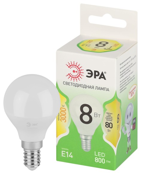 LED P45-8W-830-E14 GL Лампочка светодиодная ЭРА GREEN LINE LED P45-8W-830-E14 GL E14 8 Вт шар теплый свет