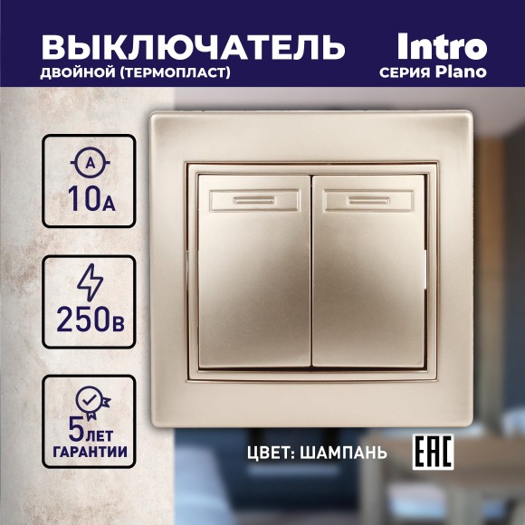 Б0030043 1-104-04 Intro Выключатель двойной, 10А-250В, IP20, СУ, Plano, шампань (10/200/2400)