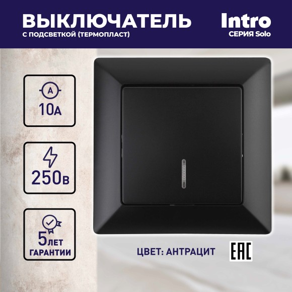 Б0053566 Выключатель Intro Solo 4-102-05 одноклавишный с подсветкой, 10А-250В, IP20, СУ, антрацит