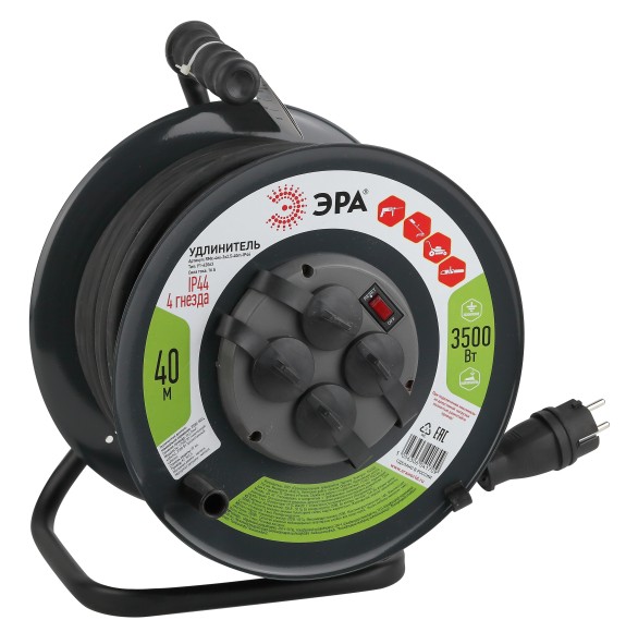 Б0043059 Удлинитель силовой ЭРА RMx-4es-3x2.5-40m-IP44(KG) на металлической катушке c заземлением 4 розетки 40м КГ 3х2.5мм2