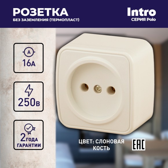 Б0036124 3-201-02 Intro Розетка 2P, 16А-250В, IP20, ОУ, Polo, сл.кость (20/400/4800)