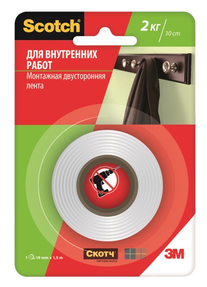 7100094884 Scotch Монтажная лента д/ ВНУТРЕННИХ РАБОТ 19 мм х 1,5 м [40011915] (12/2160)