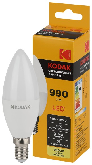 Б0057629 Лампочка светодиодная Kodak LED KODAK B35-11W-830-E14 E14 / Е14 11Вт свеча теплый белый свет