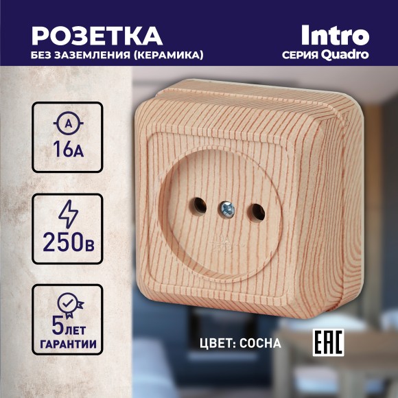 Б0053781 Розетка Intro Quadro 2-201-11 без заземления 2P, 16А-250В, IP20, ОУ, сосна