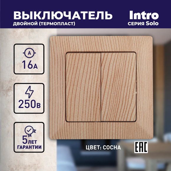Б0043290 4-104-11 Intro Выключатель двойной, 10А-250В, СУ, Solo, сосна (10/200/2000)