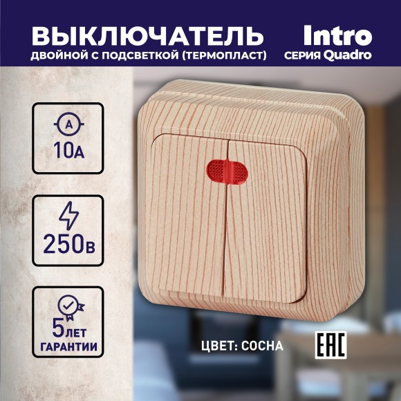 Б0053772 Выключатель Intro Quadro 2-105-11 двухклавишный с подсветкой, 10А-250В, IP20, ОУ, сосна