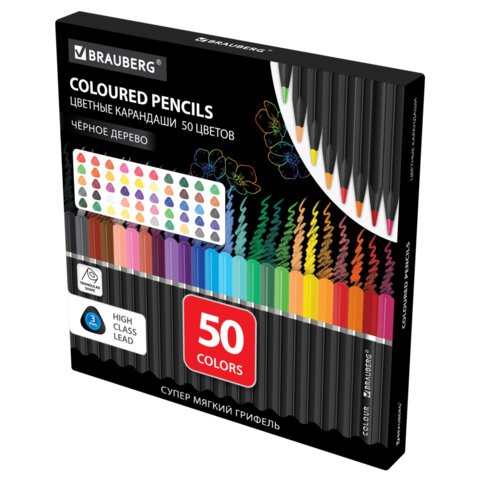 Карандаши цветные чёрное дерево BRAUBERG BLACK WOOD, 50 цветов, мягкий грифель 3 мм, 182043