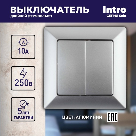 Б0053587 Выключатель Intro Solo 4-104-03 двухклавишный 10А-250В, IP20, СУ, алюминий