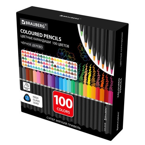 Карандаши цветные чёрное дерево BRAUBERG BLACK WOOD, 100 цветов, мягкий грифель 3 мм, 182045