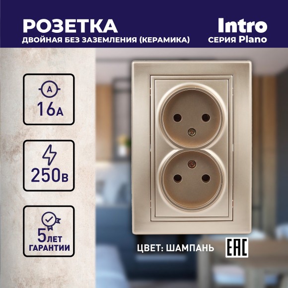 Б0053909 Розетка Intro Plano 1-204-04 без заземления двойная 2х2P, 16А-250В, IP20, СУ, Plano, шампань