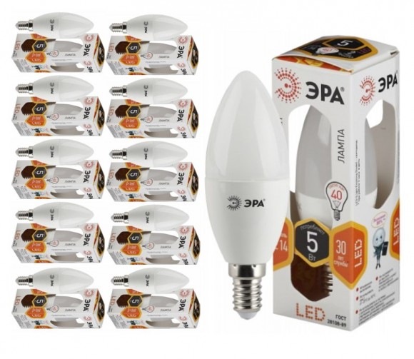 LED B35-5W-827-E14 ЭРА (упаковка 10шт) светодиодная лампа Б0018871