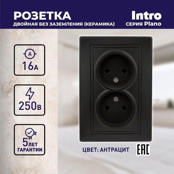 Б0053911 Розетка Intro Plano 1-204-05 без заземления двойная 2х2P, 16А-250В, IP20, СУ, антрацит