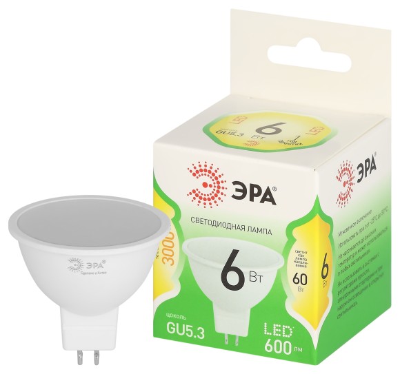 LED MR16-6W-830-GU5.3 GL Лампочка светодиодная ЭРА GREEN LINE LED MR16-6W-830-GU5.3 GL GU5.3 6 Вт софит теплый свет