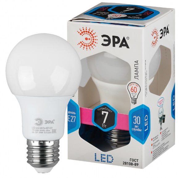 LED A60-7W-840-E27 ЭРА (диод, груша, 7Вт, нейтр, E27) (6/30/1440)