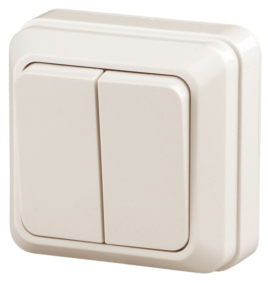 Б0027641 2-104-02 Intro Выключатель двойной, 10А-250В, IP20, ОУ, Quadro, сл.кость (10/200/3600)