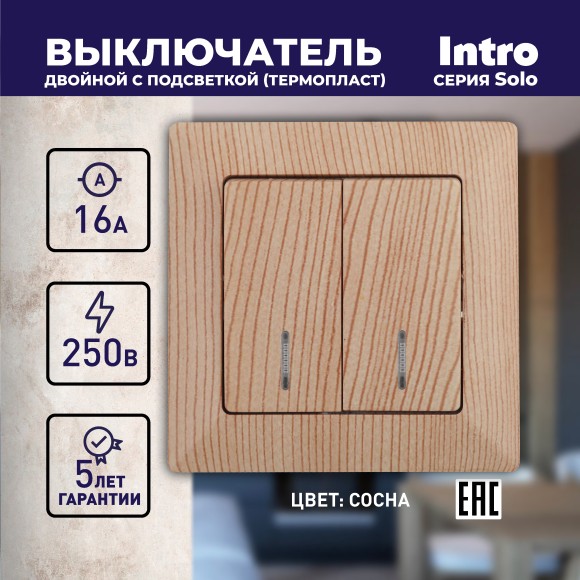Б0043297 4-105-11 Intro Выключатель двойной с подсветкой, 10А-250В, СУ, Solo, сосна (10/200/2000)