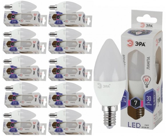 LED B35-7W-860-E14 ЭРА (упаковка 10шт) лампа светодиодная свеча Б0031400