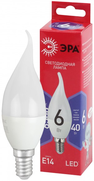 Лампочка светодиодная ЭРА RED LINE LED BXS-6W-865-E14 R E14 / Е14 6Вт свеча на ветру холодный дневной свет