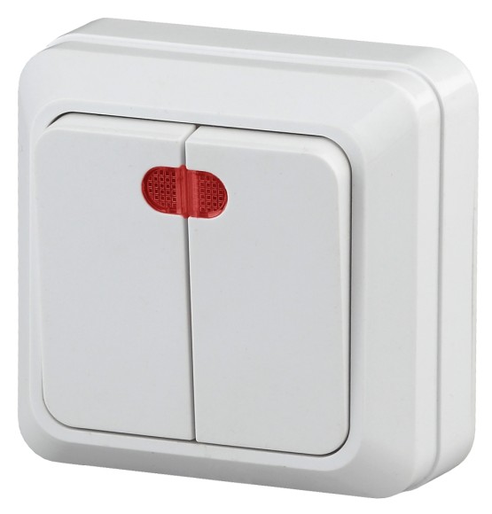 Б0027643 2-105-01 Intro Выключатель двойной с подсветкой, 10А-250В, IP20, ОУ, Quadro, белый (10/200/3600)