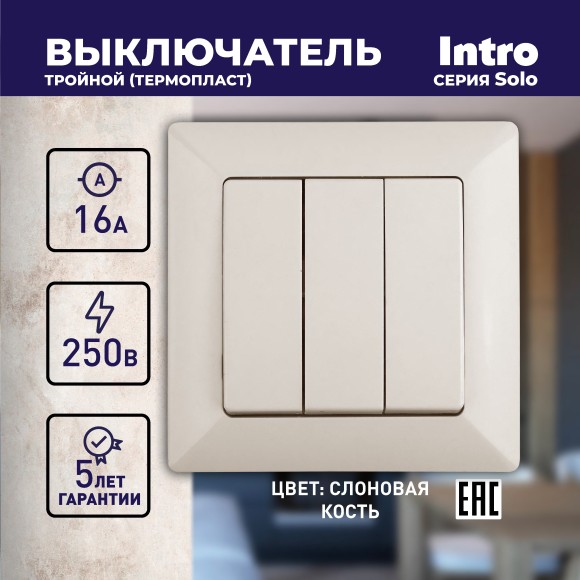 Б0043299 4-106-02 Intro Выключатель тройной, 10А-250В, СУ, Solo, сл.кость (10/200/2000)