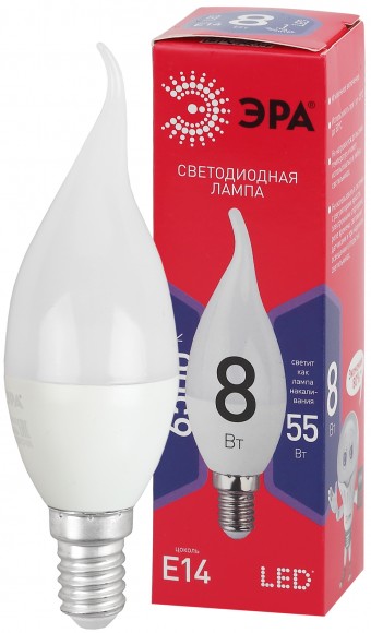 Б0045345 Лампочка светодиодная ЭРА RED LINE LED BXS-8W-865-E14 R E14 / Е14 8Вт свеча на ветру холодный дневной свет