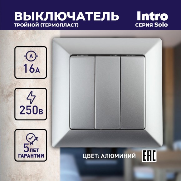 Б0043300 4-106-03 Intro Выключатель тройной, 10А-250В, СУ, Solo, алюминий (10/200/2400)