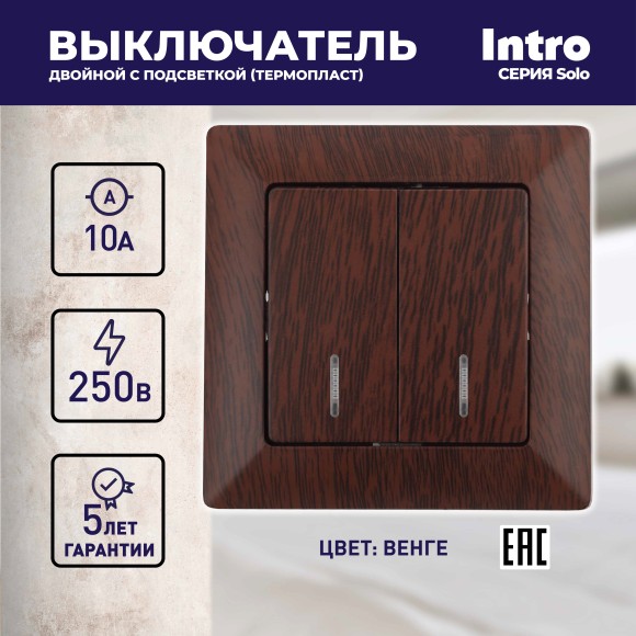 Б0053599 Выключатель Intro Solo 4-105-10 двухклавишный с подсветкой, 10А-250В, IP20, СУ, венге