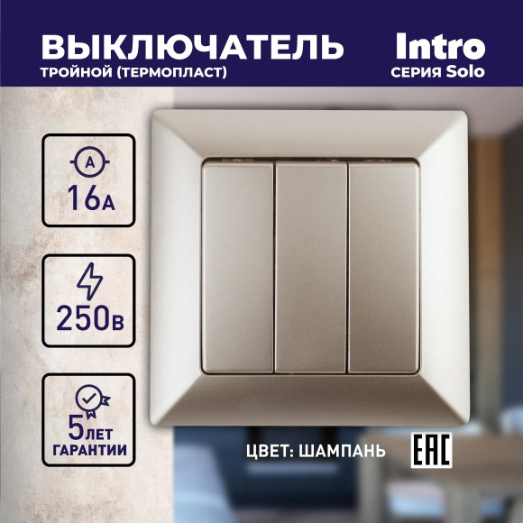 Б0043301 4-106-04 Intro Выключатель тройной, 10А-250В, СУ, Solo, шампань (10/200/2400)