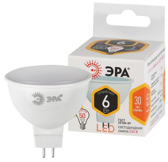 Б0020542 Лампочка светодиодная ЭРА STD LED MR16-6W-827-GU5.3 GU5.3 6Вт софит теплый белый свет (размер кор.)