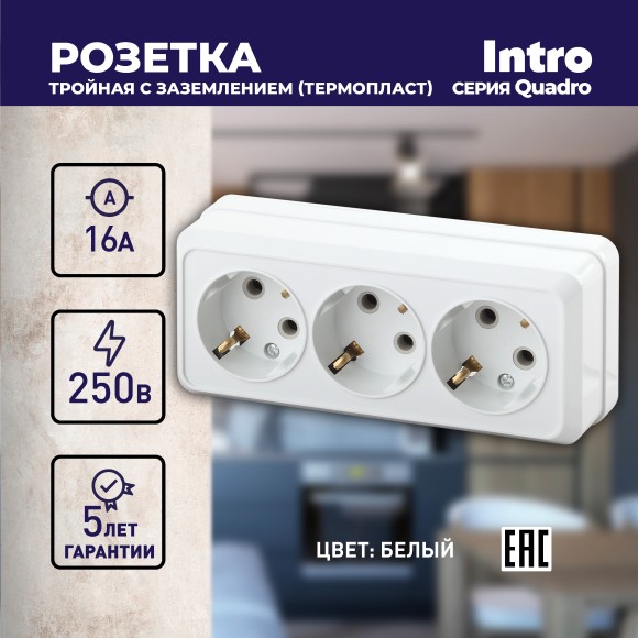 Б0053819 Розетка Intro Quadro 2-206-01 с заземлением трехместная 3х2P+E, 16А-250В, IP20, ОУ, белый
