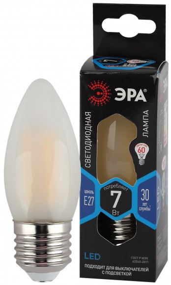Лампочка светодиодная ЭРА F-LED B35-7W-840-E27 frost Е27 / Е27 7Вт филамент свеча на ветру матовая нейтральный свет