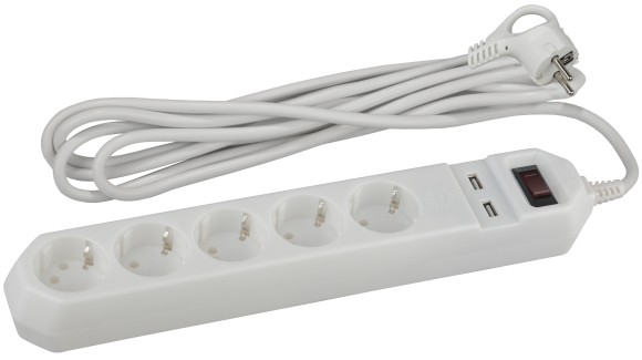 Б0019037 Сетевой фильтр ЭРА  USF-5es-1.5m-USB-W с базовой защитой с заземлением с выключателем 5 розеток 1,5м 2хUSB 10А белый