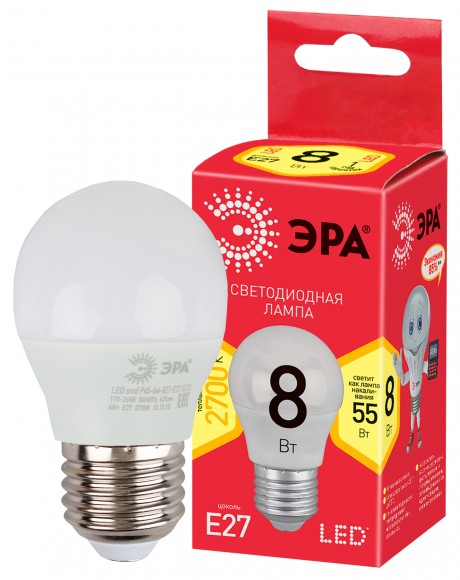 Лампочка светодиодная ЭРА RED LINE LED P45-8W-827-E27 R Е27 / E27 8 Вт шар теплый белый свет