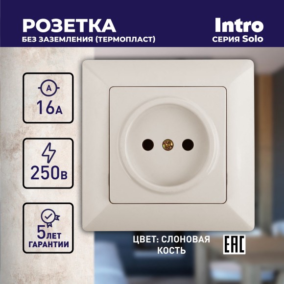 Б0043306 4-201-02 Intro Розетка 2P, 16А-250В, СУ, Solo, сл.кость (10/200/2400)