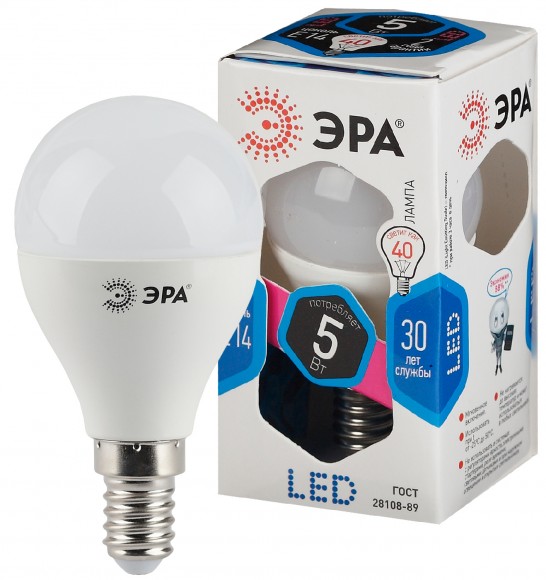 Б0028487 Лампочка светодиодная ЭРА STD LED P45-5W-840-E14 E14 / Е14 5Вт шар нейтральный белый свет