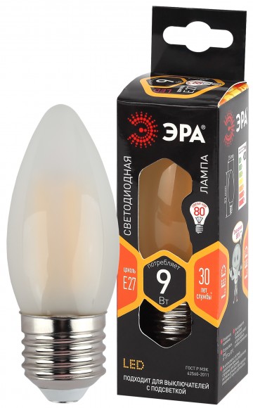 Лампочка светодиодная ЭРА F-LED B35-9w-827-E27 frost Е27 / Е27 9Вт филамент свеча матовая теплый белый свет