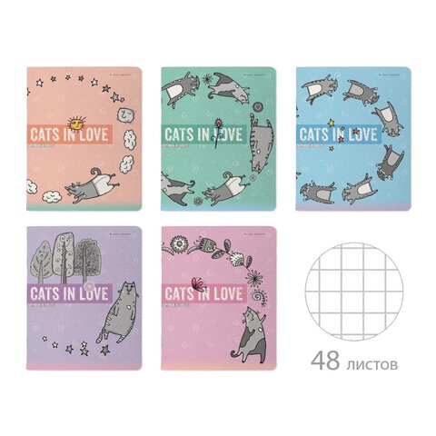 Тетрадь А5 48 л. BRUNO VISCONTI, скоба, клетка, матовая ламинация, "CATS IN LOVE" (5 видов), 7-48-1230