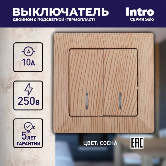 Б0053600 Выключатель Intro Solo 4-105-11 двухклавишный с подсветкой, 10А-250В, IP20, СУ, сосна
