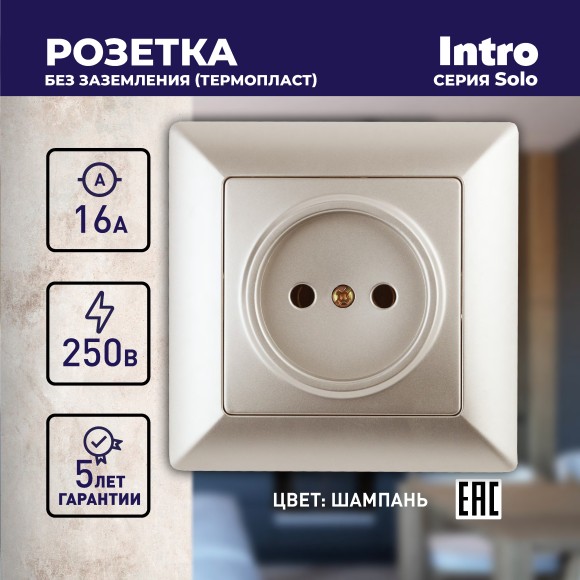 Б0043308 4-201-04 Intro Розетка 2P, 16А-250В, СУ, Solo, шампань (10/200/2400)