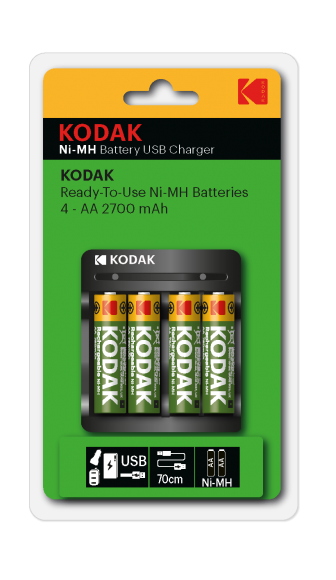 Зарядное устройство для аккумуляторов Kodak USB Overnight charger with 4 x AA 2700 mAh [K4AA/AAA] (6/48/1008)