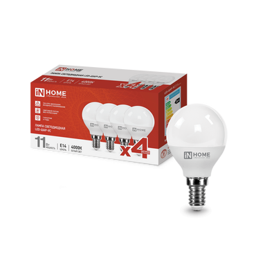 4690612047874 Лампа сд LED-ШАР-VC 4PACK 11Вт 230В Е14 4000К 1050Лм (4шт./упак) IN HOME