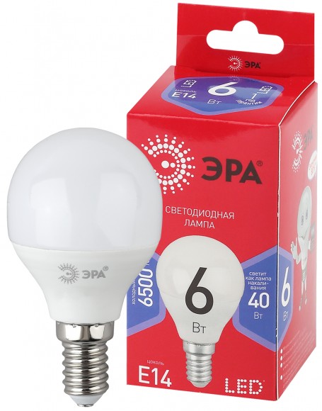 Б0045356 Лампочка светодиодная ЭРА RED LINE LED P45-6W-865-E14 R E14 / Е14 6Вт шар холодный дневной свет