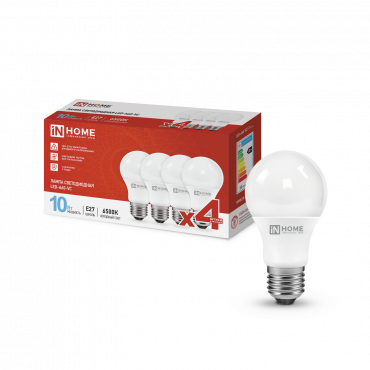 4690612047652 Лампа сд LED-A60-VC 4PACK 10Вт 230В Е27 6500К 950Лм (4шт./упак) IN HOME
